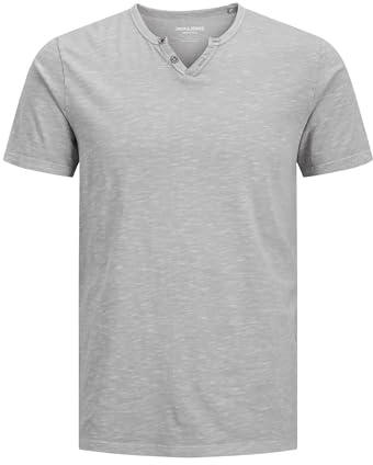 Jack & Jones JJESPLIT Men's Basic V-Neck Short Sleeve Jersey Cotton Shirt with Buttons, Ultimate Grey, L