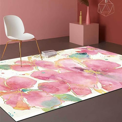 Tappeti Soggiorno Decorazioni per la casa, 150 x 200 cm, Tappeti per camera da letto, Tappeto lavabile Tavolo per sala da pranzo, Disegni di fiori moderni colorati rosa giallo verde