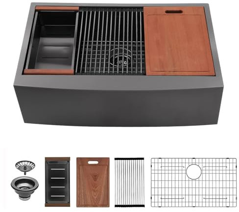 Sarlai Küchenspüle, 76,2 x 55,9 cm, Schwarz, 30 Stück, Küchenspüle, Gunmetal Black Schürze für Unterbau, Küchenspüle, 16 Gauge, Edelstahl, tiefe Einzelschüssel, Küche, Bauernspüle