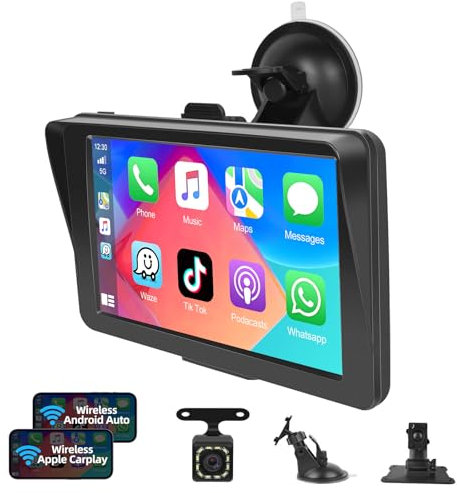 Podofo 7‘’ Tragbar A-pple Carplay Anzeige Android Auto Tragbares Autoradio IPS Bildschirm CarPlay Display Radio mit FM/Sprachkontrolle/AUX/TF-Karte + Rückfahrkamera
