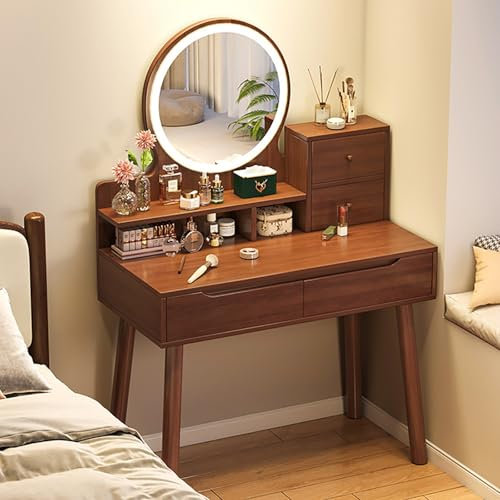 CUCKQUIC Frisiertisch Mit LED-Leuchtspiegel, 3 Farben Mit Einstellbarer Helligkeit, Frisiertisch Mit Spiegel, Schminktisch, Kosmetikkommode, Möbel A,128.5x40x80cm