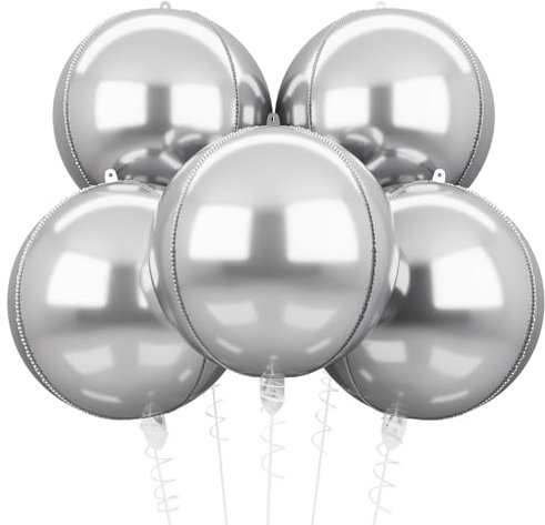 HILAVO 4D Silber Folienballons, 5 Stück 22 Zoll Groß 4D Silber Foil Ballons Silber Runde Luftballons Helium Ballons für Babyparty Geburtstag Party Dekoration Hochzeiten