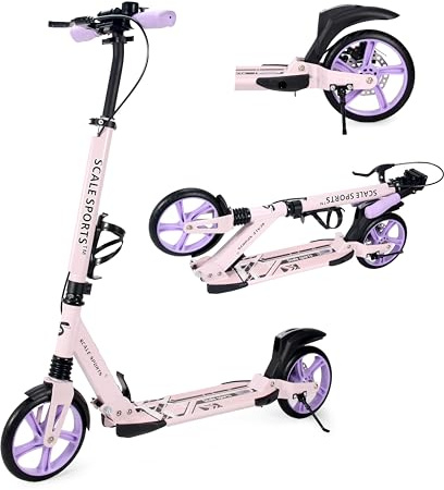 Scale Sports Kick Scooter – Foldable 2-Wheel Scooter for Kids Age 8–12, Teens & Adults, Adjustable Handlebar, 200mm Big PU Wheels, Disc & Foot Brakes, Carry Strap, Double Shock Absorption, up to 100kg