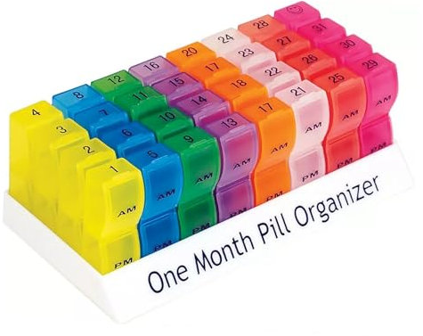 One Month Pill Organiser - AM and PM Compartments, Colour Coded for Easy Identification, Travel Medication Management, Pill Storage, 32 Dispensers for Vitamins, Medicine, Dossete Box Monthly