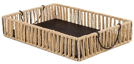 Wickerfield Handwoven Basket with Metal Frame Wooden Base with Handles for Kitchen Table Storage Display (Large, Rectangular)