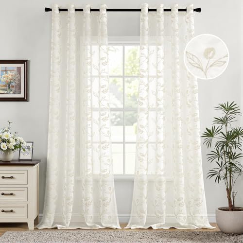 Woaboy Gardinen Creme Blätter Muster Voile Vorhänge mit Ösen Wohnzimmer Transparente Ösenschal Sheer Voile Curtains für Schlafzimmer 2er Set 140x245cm(BxH)