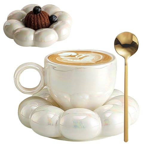 Jeorywoet Tasse de café en céramique avec Tasse Nuage de Tournesol Voyage à cuillère avec Soucoupe 200 ML de thé l'après-midi pour Latte, Tasse de Nuage Blanc Cappuccino