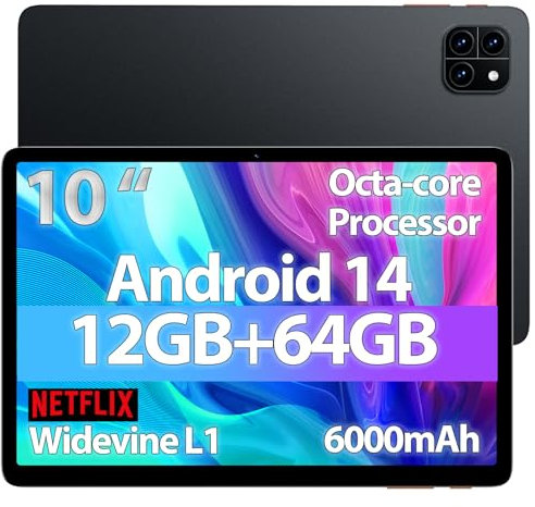 Android Tablet, 10 inch Android 15 Tablet, Octa-core CPU, 2 Years Protection, RAM 12GB, ROM 64GB (Up to 2 TB), 800x1280 Resolution, WiFi 6 & Bluetooth 5.4, Dual Cameras, Dual Speakers, 6000mAh, Black