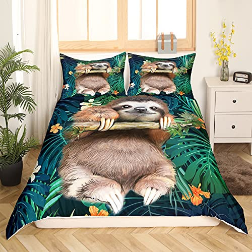 Loussiesd Faultier Bettwäsche Set 135x200cm Kinder niedlichem Tier Bettbezug Set für Jungen Mädchen Lustiges Faultier Bettwäsche-Set Natur Tropische Blätter Blumendruck Bettbezug Grün