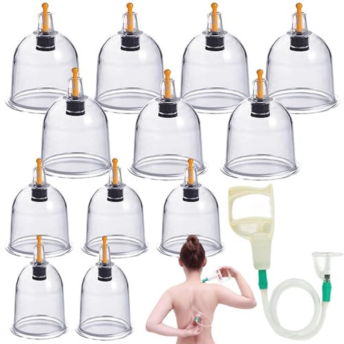 Set di 12 coppette per terapia tradizionale cinese e massaggio coppettazione, set di coppette con pompa per vuoto e tubo di prolunga per coppettazione, set (senza olio)