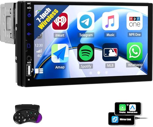 CAMECHO Autoradio 1 Din Wireless Carplay Android Auto Bluetooth Radio con 7 Pollici Schermo LCD Touchscreen HD con Mirror Link Controllo del volante +USB AUX SD Card Connettori