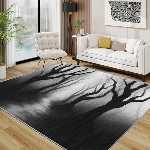 TerroVee Wald Teppich 140x200 cm, Schwarz weiß Toter Baum Teppich Wohnzimmer, Gothic Horror Kurzflor rutschfest Pflegeleicht Teppiche Für Jugendzimmer Schlafzimmer, Schwarz Grau