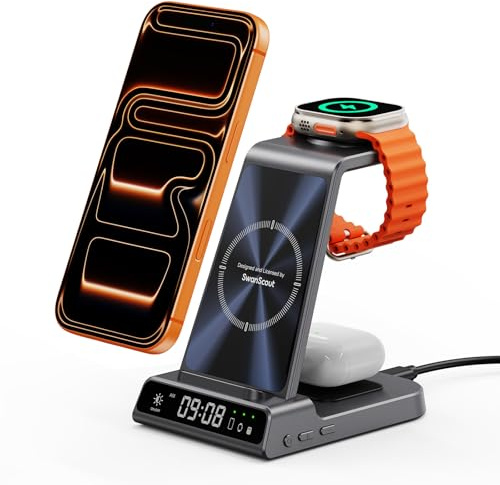3-in-1 induktive Ladestation mit Uhr für iPhone, Apple Watch und AirPods | Wireless Charger für iPhone Air/17/16/15/14/13, für Apple Watch Ultra 3/11/10/9/8/7/SE 3 und AirPods, SwanScout C02A
