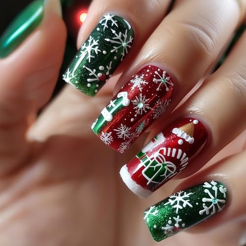 24Pcs Nägel Weihnachten - Quadrat Künstliche Fingernägel - Rot Grün Schneeflocke Nägel Zum Aufkleben - Atmungsaktiv Weihnachtsnägel - Full Cover Christmas Press on Nails Kunstnägel Für Frauen Mädchen