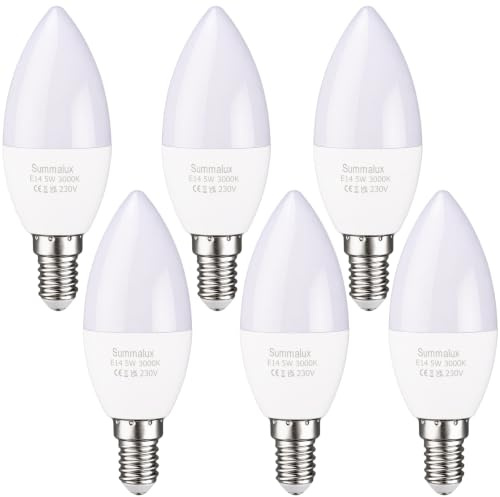 Summalux E14 LED Light Bulb, 5W 550LM Small Edison Screw Bulb, 40W Equivalent, LED Energy Saving SES Candle Light Bulbs, Non-Dimmable, Warm White 3000K, 6 Pack