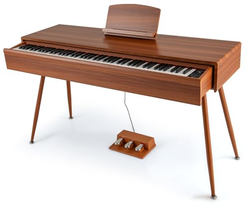 COSTWAY Piano Digital de 88 Teclas Contrapesadas con Acción de Martillo, Piano Eléctrico de Tamaño Completo con Cajón Extraíble, Función de Grabar y Reproducir, Triple Pedal y Doble Altavoces