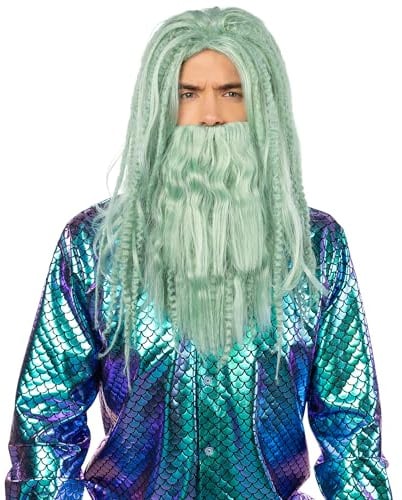 Neptun Perücke & Wassermann Bart Wassergrün für Herren Kostüm-Zubehör 2-tlg. für Erwachsene Fasching Karneval