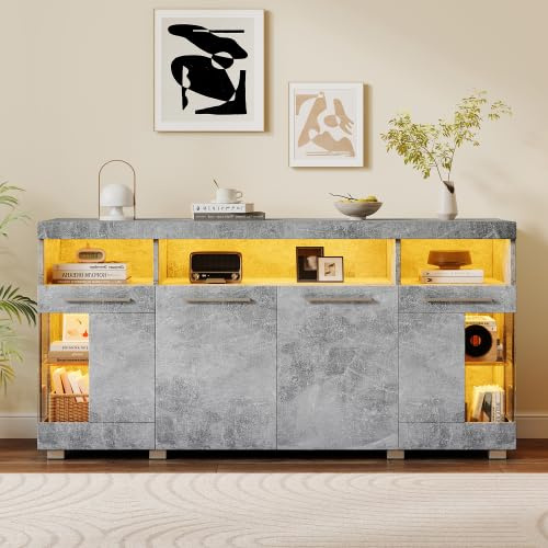 dowowdo Sideboard mit LED Beleuchtung, Moderner Wohnzimmerschrank Hochglanz Grau mit 3 Schubladen & Glasfronten, Stauraum Beistelltisch für TV, 140x40x70 cm