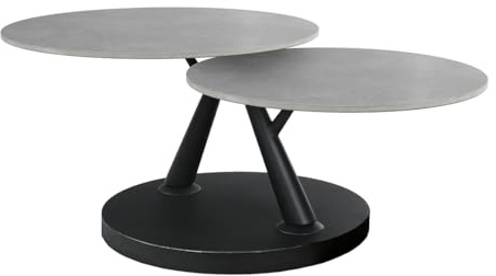 Meubletmoi Table Basse rotative 2 Plateaux Ronds en céramique Gris Effet béton avec piètement Original métal Noir – Design Moderne et innovant – Allegra