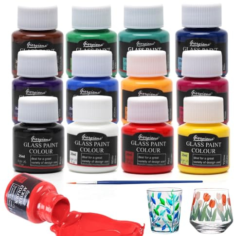12 Stück Glasfarben Set, 25ml Porzellanfarbe Spülmaschinenfest und Keramik Bemalen Set Keramikfarben mit Malpinsel, UV-Schutz Hochpigmentiert Glasfarben Wasserfest Glasfarbe für Mehrere glas Oberfläch