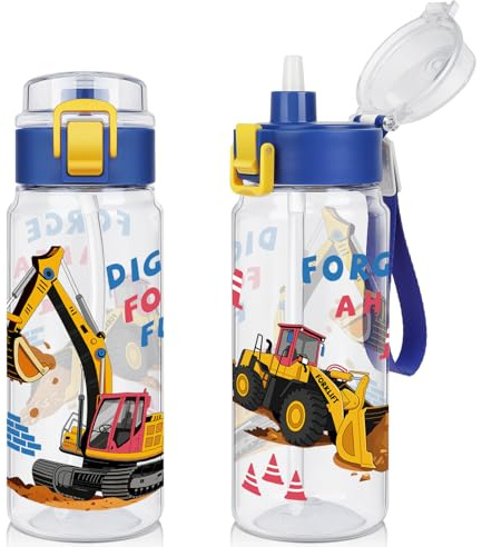 wooshwa Tritan Kids Water Bottle for School, 1-Pack 550ml, Dishwasher Safe | Pop-up Detachable Straw, Dishwasher Safe, Ideal Gift for Boys and Girls, 1-Pack (Construction Truck)