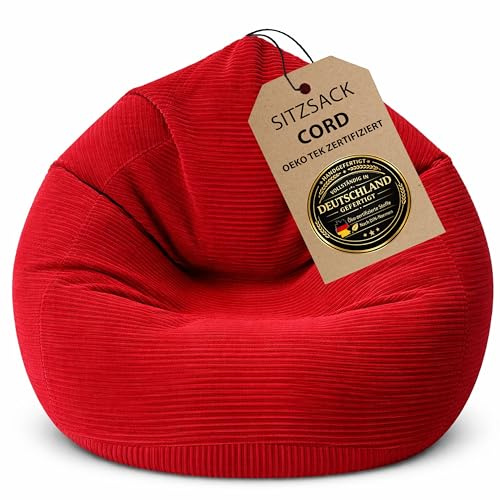 BuBiBag Premium Sitzsack Cord XXL – Fertig befüllt & Oeko-Tex Zertifiziert – Kratzfester Breitcord Gaming Sessel – Robuster Bean Bag für Kinder & Erwachsene – Pflegeleicht (120 X 95 cm | Red)