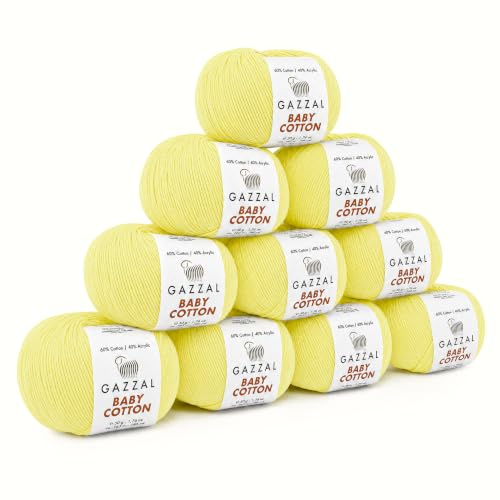 Gazzal Baby Cotton - 60% Baumwolle-10 Knäuel je 50 g/165 m - dünne Wolle zum Häkeln und Stricken - Strickgarn - Häkelgarn - Pflegeleicht und Hautfreundlich - Nadelstärke 3-4 (LIMONADE)