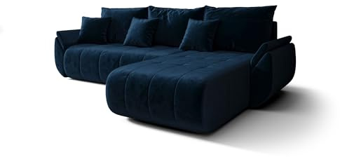 CORNERO Sydney Ecksofa L-Form mit Schlaffunktion und Bettkasten – Couch L-Form fürs Wohnzimmer 3-Sitzer 280 cm x 175 cm x 85 cm (Dunkelblau, Ottomane Rechts)