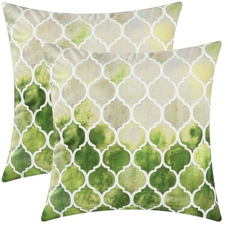 CaliTime Kissenbezüge Kissenhülle Packung mit 2 Cosy Kissenbezügen für Couch Bett Sofa manuell handbemalt bunt geometrischer Gitterkettendruck 50cm x 50cm Hauptgrau Grün Oliv