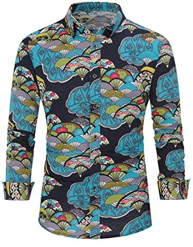 Allthemen Mens Casual Printed Shirts Long Sleeve Paisley Funky Printed Linen Shirt Button Down Dress Shirt Tops Unique Pattern, Folding Fan, XL