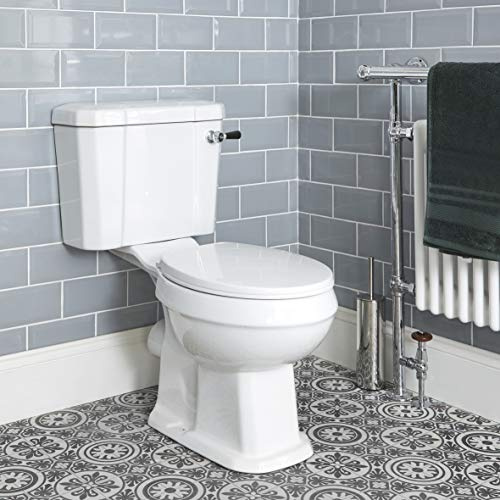 MILANO White Close Coupled Toilet WC Soft Close Seat Black Flush Lever | Ceramic Construction. Engineered Wood Seat. Traditional Style. Floorstanding Design. Close Coupled Pan And Cistern.