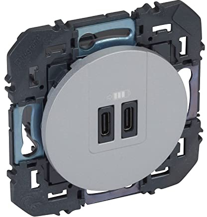 LEGRAND - Prise Double Chargeur USB-C dooxie - Conforme Directive CEE - Repiquage sur Prise 2P+T - Alu