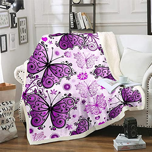 Mädchenhaft Schmetterling Decke Kinder Mädchen Lila Schmetterlinge drucken Fleecedecke Luxus Frau Wohndecke 150x200cm Boho Psychedelic Kuscheldecke für Couch Bett Sofa Plüschdecken