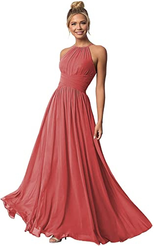 Clothfun Damen Neckholder Brautjungfernkleider Lange Chiffon Formale Kleider Abend Party Kleid 2022, Desert Rose, 36