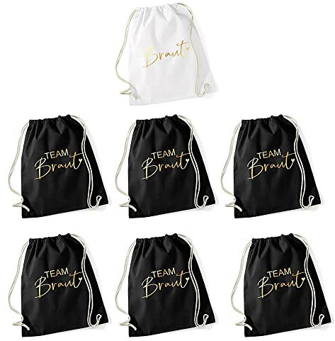JGA Set Turnbeutel Rucksack BRAUT & TEAM BRAUT Stofftaschen für Junggesellenabschied Bride & Bride Crew Farben schwarz, weiß & gold Inhalt: 6x Beutel Team Braut & 1x Beutel Braut