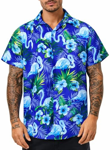 King Kameha Hawaii Hemd Männer - Tropisches Hawaiihemd Herren Kurzarm mit Flamingo-Print & Fronttasche, Ideal für Urlaub, Festival & Strand