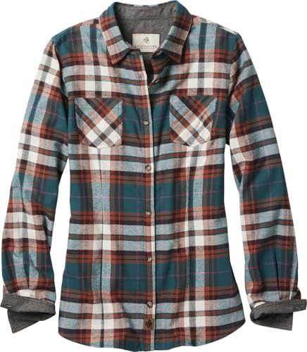 Legendary Whitetails Women's Cottage Escape Flannel Long Sleeve Solid Color Clothes, Fitted Button, Golden Teal Plaid, M