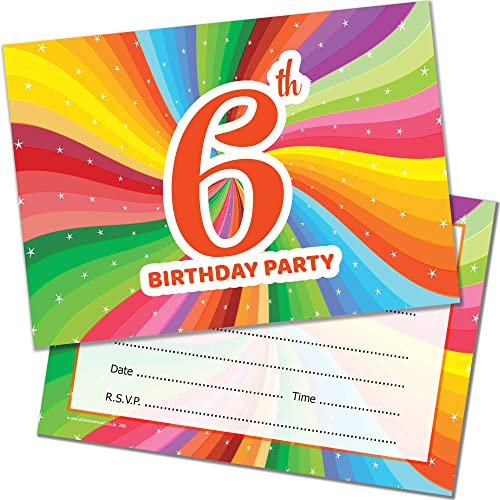 Olivia Samuel 20 x 6th Birthday Party Invitations. Children's Bright Unisex Style. Multipack of 20 Invites with Envelopes