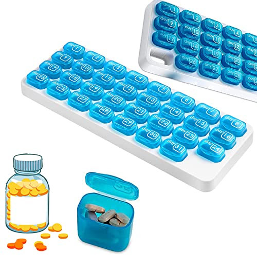Tablettenbox Monat 31 Tage, Tragbare Reise Pillendose BPA Frei 4 Wochen Medikamentenbehälter Täglich Herausnehmbare Fächer, Monatliche Tablettendose für Unterwegs