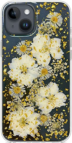 Abbery Handyhulle fur iPhone 14 Hulle Durchsichtig Echte Getrocknete Blumen Mit Kameraschutz Motiv Muster Glitzer su? Dunne Transparente Silikon Frauen M?dchen STO?Feste Schutzhulle (Gold Blumen)