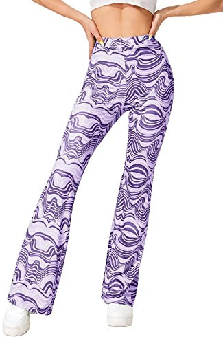 EVELUST Festival Flare Hosen Für Damen - 70er Jahre Outfit Hippie Kleidung Flower High Waist Breite Bein Flair Leggings Rave Disco Kostüm Palazzo Schlaghose Sommer Bell Bottom(Purple, M, 1040w)
