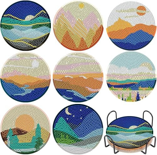 Boisson Dessous sous Verres Rond, Paysage DIY Dessous de Verre avec Support, Réutilisable Tapis de Tasse Diamant Peinture Design Coussin pour la Maison, Bureau, Bar et Restaurant