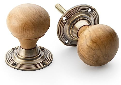 AB Hardware Teak & Antique Brass Wooden Wood Round Bun Mortice Rim Door Knobs Knob Pair Set