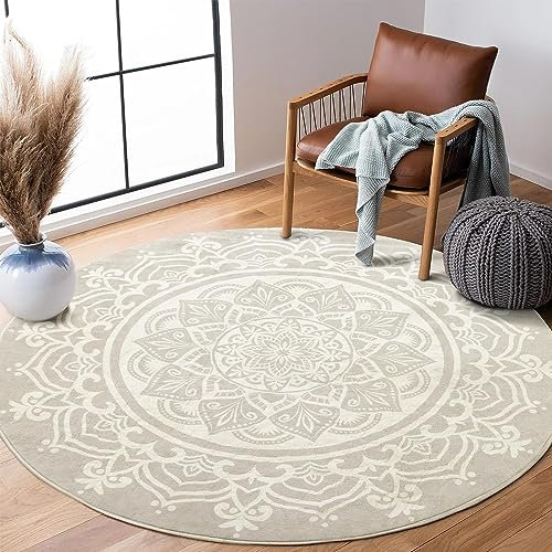 Carvapet Teppich Rund 120cm Weich und Flauschig Teppich Gegend Kreis rutschfest Waschbar Böhmisches Mandala Bodenteppich Wohnzimmer Schlafzimmer(Grau)