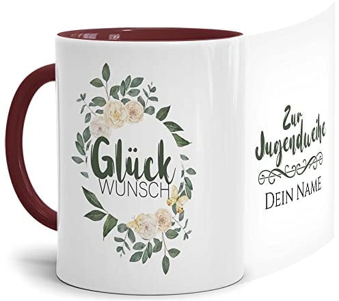 Tassendruck Personalisierte Jugendweihe-Tasse mit Spruch und Name - Rosenkranz - Glückwunsch - Jugendweihe Geschenk mit Name personalisiert, Namenstassen | 300 ml, Innen & Henkel Weinrot