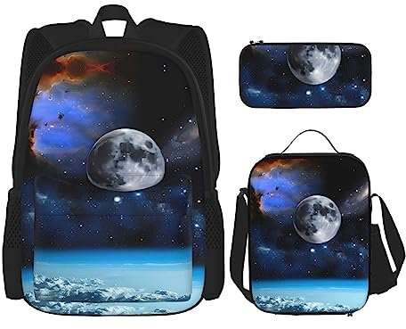 Space Planet Rucksack 3-teilig Schulranzen mit Brotdose und Federmäppchen Set > Geeignet für Jungen und Mädchen, Schwarz , Einheitsgröße, Kinderrucksack