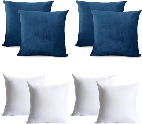Oxford Homeware Navy Cushion Covers 45 x 45 Cm (Pack of 4) Cushions with Covers Included – Decorative Velvet Cushions for Living Room Sofa Bedroom with Invisible Zipper, 18 x 18 Inch