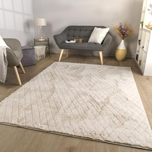 TT Home Wohnzimmer Teppich Esszimmer Langflor Skandi Optik Geometrisch 3D Unifarben, Farbe:Hellgrau Creme, Größe:120x160 cm
