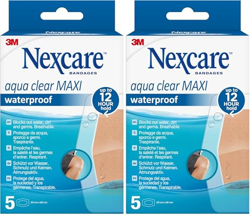 Nexcare Aqua Clear Maxi Waterproof Bandages - 5 Plasters per Pack, 60 mm x 88 mm - Waterproof for Wounds & Minor Scratches (Pack of 2)
