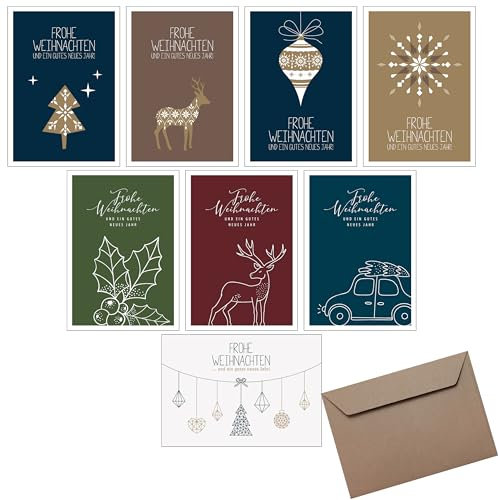 8x Weihnachtskarten & Umschläge, Mix Set Natur, 8 Motive, Premium Klappkarten B6, privat & geschäftlich